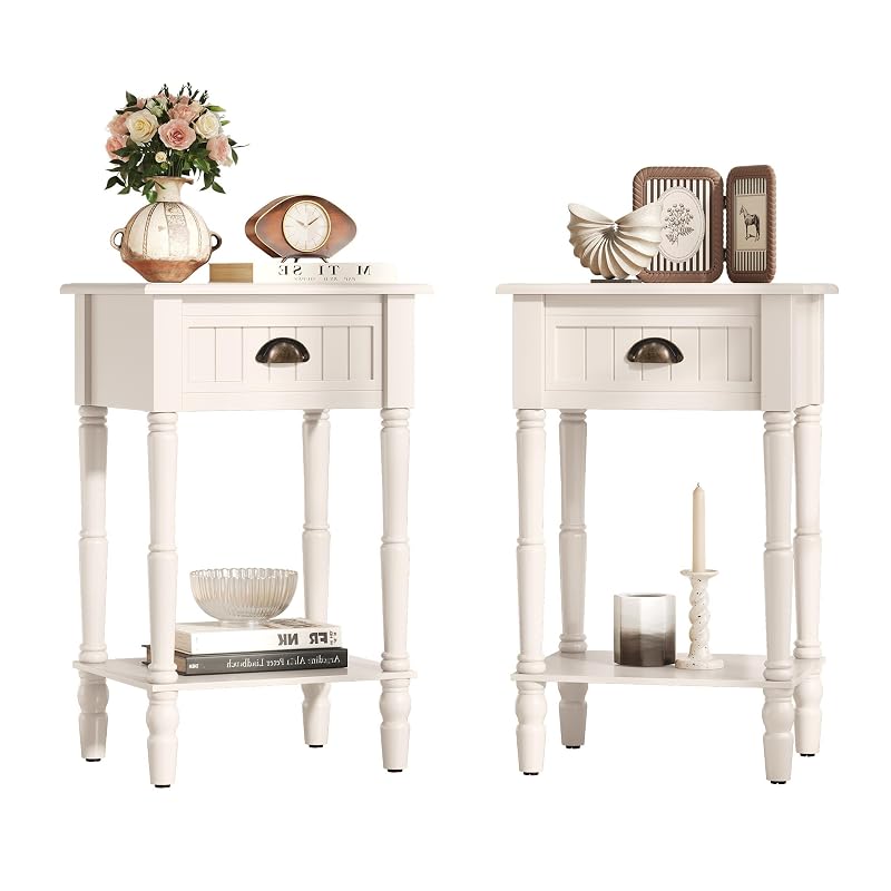 Vintage Nightstand Set of 2 with Solid Wood Legs - 10-Minute Assembly, Off-White (Variation: White+2)