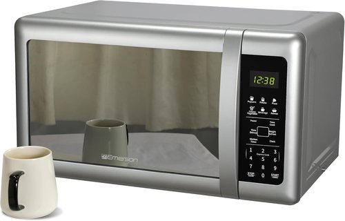 Emerson MW7601SL Microwave Oven - Sleek Mirrored Finish, 700W, 10 Power Levels, 0.7 Cu. Ft., Silver