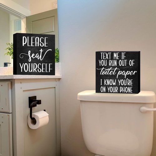 Jetec Farmhouse Bathroom Signs Decor - Rustic Wooden Plaque Wall Art | Set of 2 Please Seat Yourself (Black)