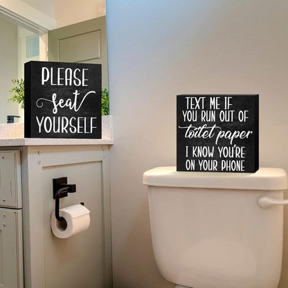 Jetec Farmhouse Bathroom Signs Decor - Rustic Wooden Plaque Wall Art | Set of 2 Please Seat Yourself (Black)