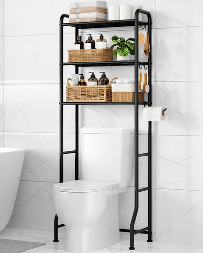 Kitsure Over Toilet Storage Rack - Metal Over Toilet Bathroom Organizer Shelf, Over the Toilet Storage Cabinet with Paper Holder and Hooks, Bathroom Cabinet for Laundry, Black, 3 Tiers (63.2" H)