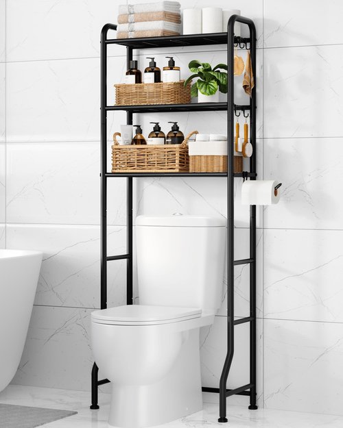 Kitsure Over Toilet Storage Rack - Metal Over Toilet Bathroom Organizer Shelf, Over the Toilet Storage Cabinet with Paper Holder and Hooks, Bathroom Cabinet for Laundry, Black, 3 Tiers (63.2" H)
