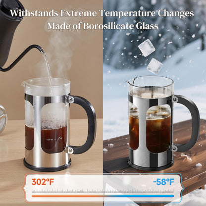 Veken French Press Coffee Maker - 34oz Heat Resistant Borosilicate Glass | Stainless Steel Brewer for Home & Travel