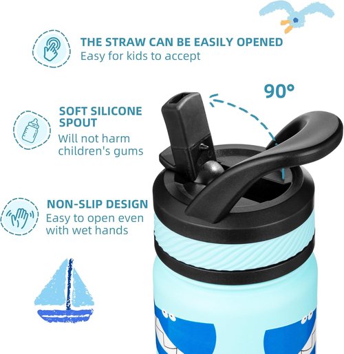 Fanhaw 18 Oz Kids Insulated Water Bottle - Leakproof Stainless Steel with Straw, Pale Blue Big Shark