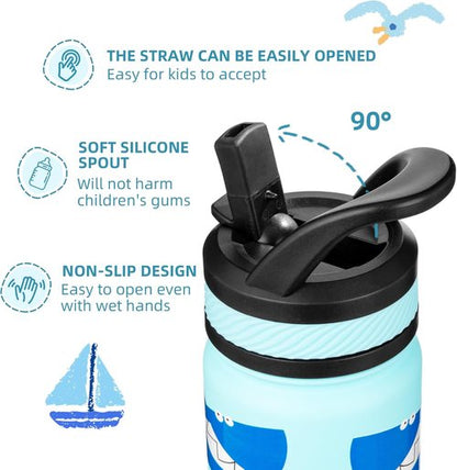 Fanhaw 18 Oz Kids Insulated Water Bottle - Leakproof Stainless Steel with Straw, Pale Blue Big Shark