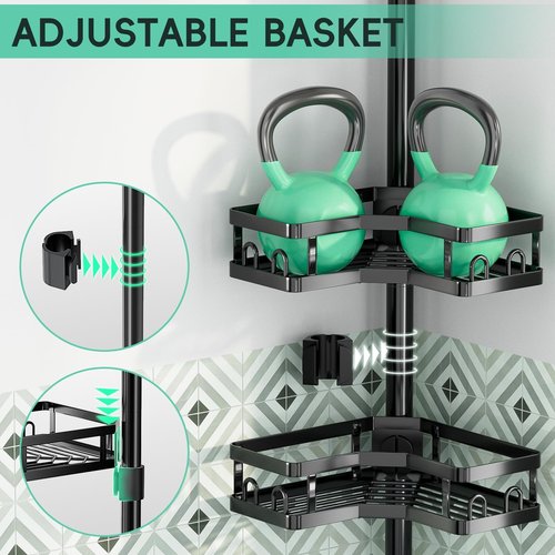 HEVEL Corner Shower Caddy Tension Pole, Adjustable Shower Organizer Corner 62-115 Inch, Rustproof Bathroom Storage Shower Shelves, Black