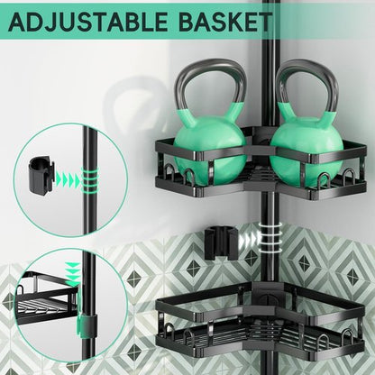 HEVEL Corner Shower Caddy Tension Pole, Adjustable Shower Organizer Corner 62-115 Inch, Rustproof Bathroom Storage Shower Shelves, Black