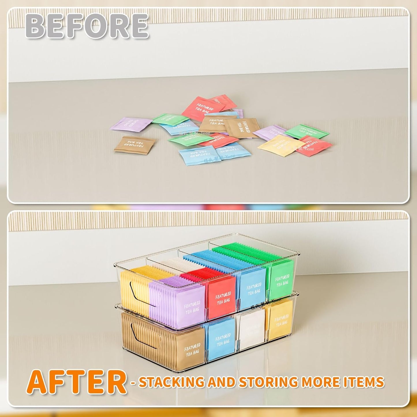 Skiennix Stackable Snack Organizer - Clear Plastic Storage Bins for Pantry & Fridge | 6 Pack