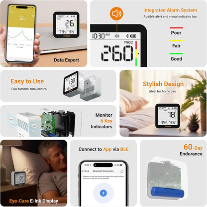 Temtop M10+ Indoor Air Quality Monitor - 6-in-1 PM2.5 & VOC Detector with E-Ink Display | Battery Powered, App-Enabled Temperature & Humidity Sensor