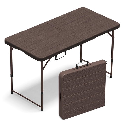 VSOAEIL Folding Table 4 Foot for Indoor Outdoor, Portable Heavy Duty Fold-in-Half Utility Small Plastic Adjustable Height Folding with Carrying Handle for Picnic Camping and Party, Brown