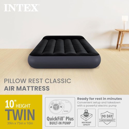 Intex Dura-Beam Airbed - Comfortable Twin Size Pillow Top Mattress with Built-in Pump & Carrying Bag - Blue