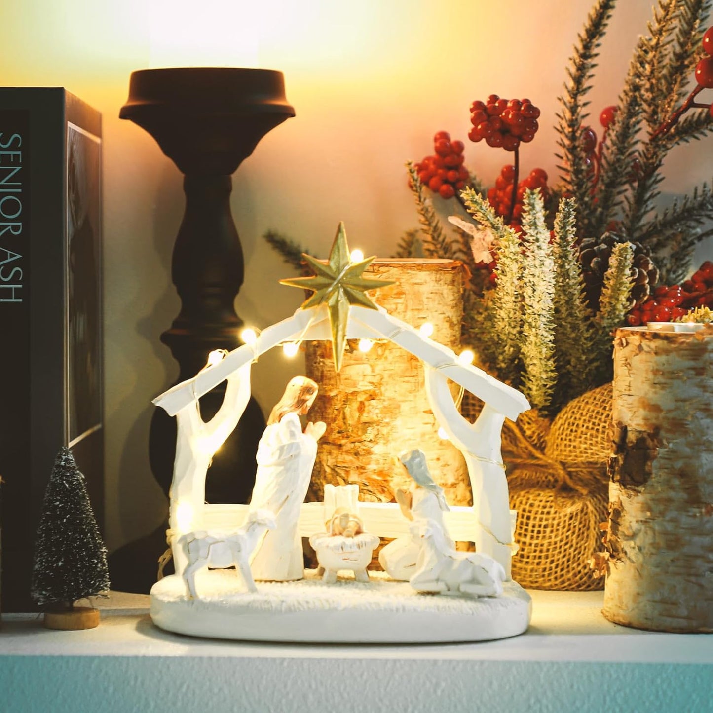 Nativity Scene - Hand-Painted Holy Family Figurine with Lights | Christmas Tabletop Decoration