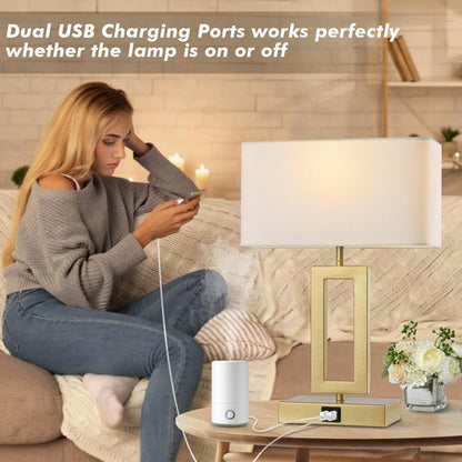 gernehop Gold Table Lamps Set of 2 with Dual USB Ports,3-Way Dimmable Touch Control Bedside Lamps,Modern Bedroom Table Lamp for Living Room,Nightstand LED Bulbs Included