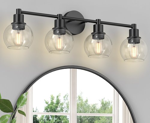 Espird 4 Lights Bathroom Vanity Light Fixtures Black, Bathroom Lights Over Mirror, Industrial and Farmhouse 4 Lights Wall Sconce, Matte Black Globe Vanity Lighting Fixtures
