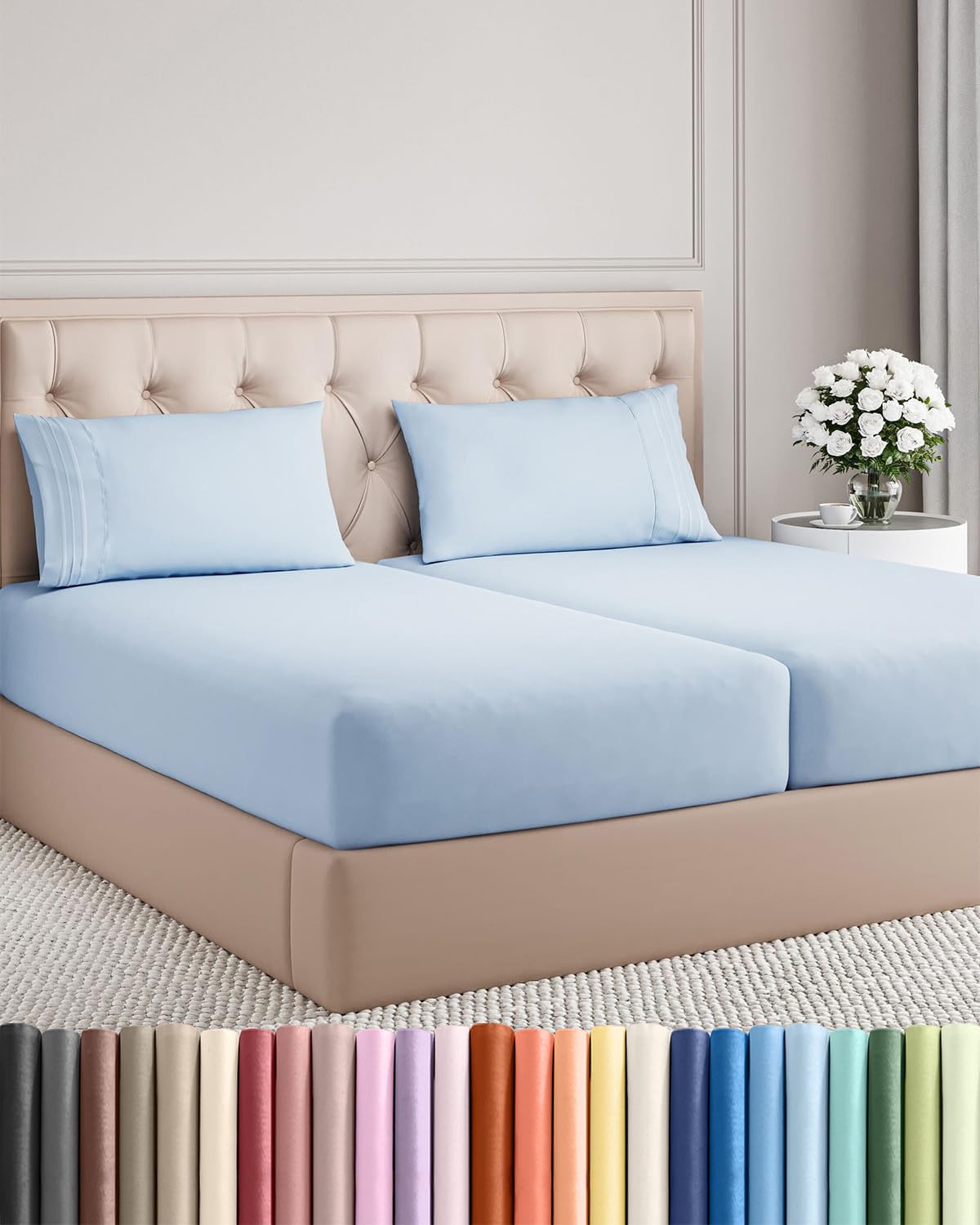 Split King Size 5 Piece Sheet Set - Comfy Breathable & Cooling Bed Sheets Set - Hotel Luxury Bedding for Women, Men, Kids, Teens, Boys & Girls - Deep Pockets, Soft, Wrinkle Free - Oeko-Tex - Sky Blue