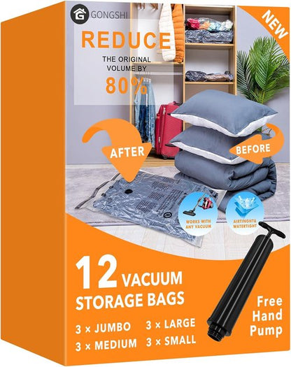 GONGSHI Vacuum Storage Bags - Space Saver Seal Bags for Clothing & Travel | 12 Combo Set