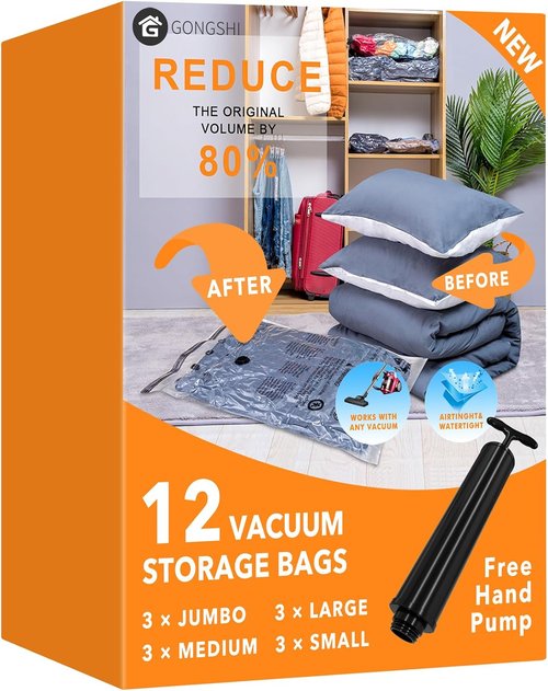 GONGSHI Vacuum Storage Bags - Space Saver Seal Bags for Clothing & Travel | 12 Combo Set