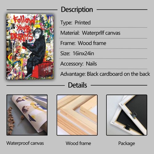 Banksy Canvas Art - Inspirational Graffiti Monkey Wall Decor for Living Room | 24"x16" Framed Print