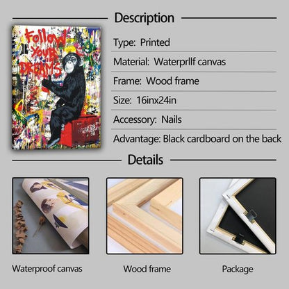 Banksy Canvas Art - Inspirational Graffiti Monkey Wall Decor for Living Room | 24"x16" Framed Print