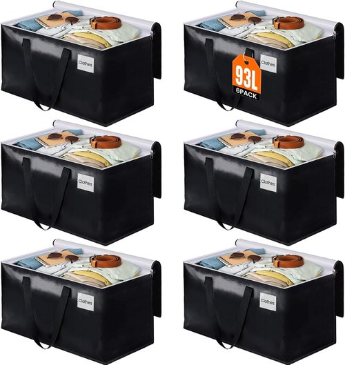 BlissTotes Collapsible Moving Bags - Heavy Duty Zippered Totes for Space-Saving Storage (93L, 6-Pack, Black)