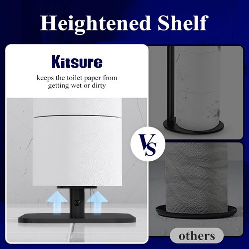 Kitsure Free Standing Toilet Paper Holder - Rustproof Metal Stand for 4 Rolls with Anti-Slip Base & Shelf | Black, Medium, 2-Pack