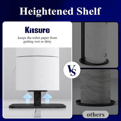Kitsure Free Standing Toilet Paper Holder - Rustproof Metal Stand for 4 Rolls with Anti-Slip Base & Shelf | Black, Medium, 2-Pack