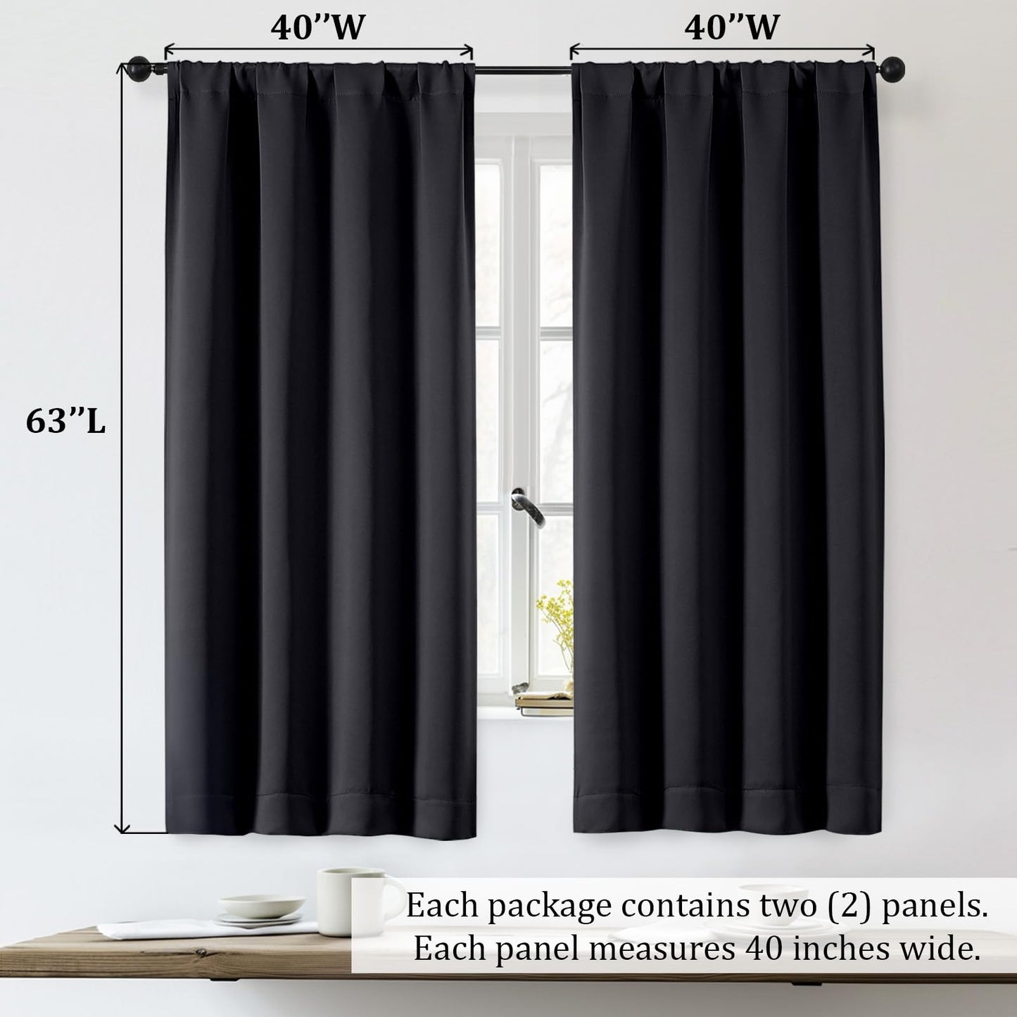 OWENIE Sally Blackout Curtains for Bedroom 63 Inch Length 2 Panels Set, Solid Thermal Insulated Room Darkening Rod Pocket Privacy Window Treatment Curtains Blackout Drapes, W40 x L63 Inch, Black