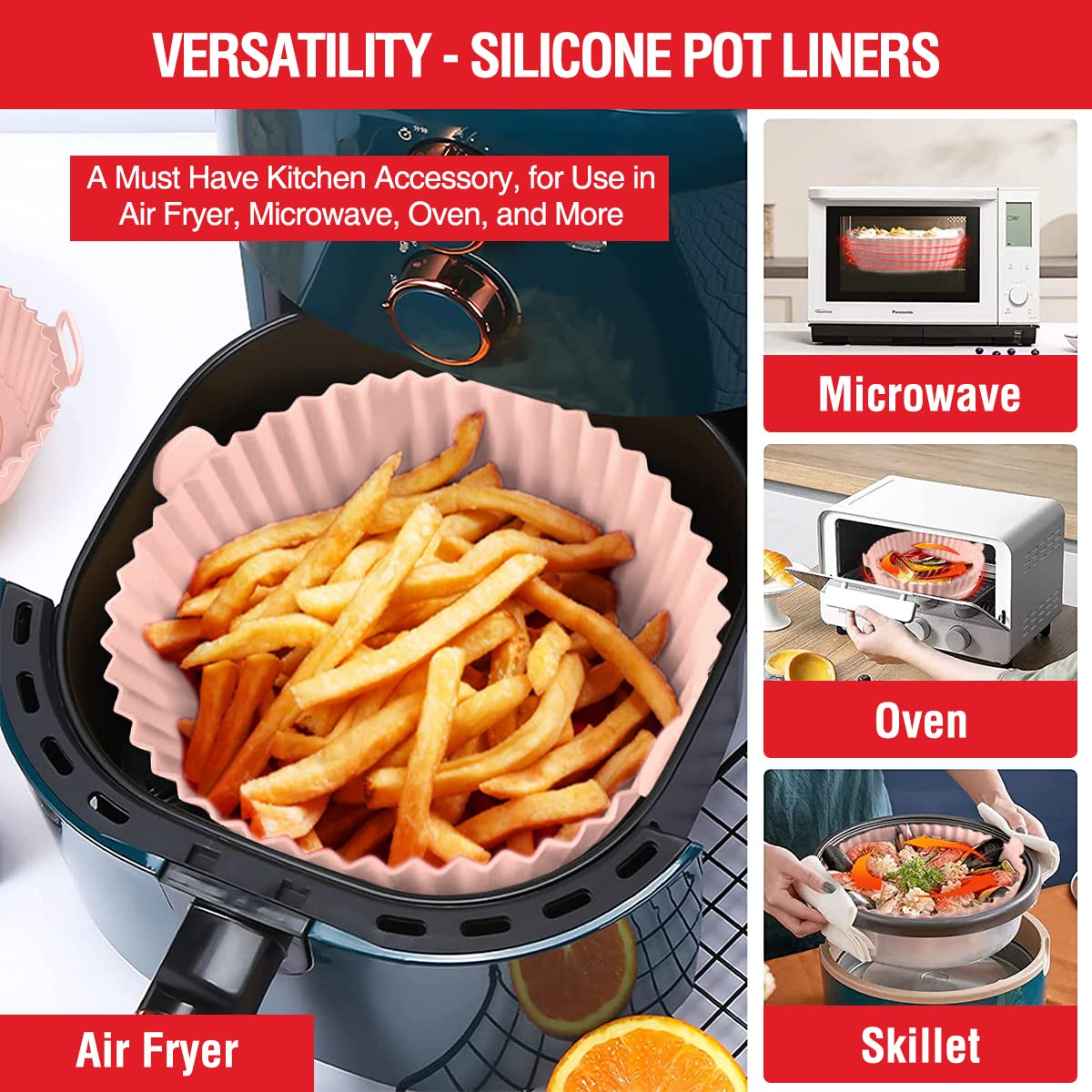 2 Pack Air Fryer Silicone Liners Pot for 3 to 5 QT, Air Fryer Silicone Basket Bowl, Replacement of Flammable Parchment Paper, Reusable Baking Tray Oven Accessories, Pink+Grey, (Top 8in, Bottom 6.75in)