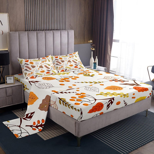 Yellow Fall Leaves Bed Sheets Set Queen Size, Pumpkin Maple Leaves Sheets with Deep Pocket Fitted Sheet Bed Sheets Set for Kids Autumn Fall Sheet Set Fall Leaves Bedding Set Botanical Bed Set 4Pcs