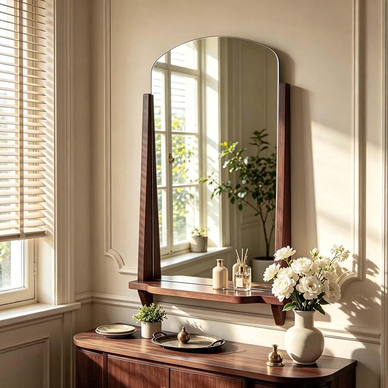 Arched Wall Mirror with Shelf - 24 x 37.4 Inch Walnut Wood Frame, Tempered Glass