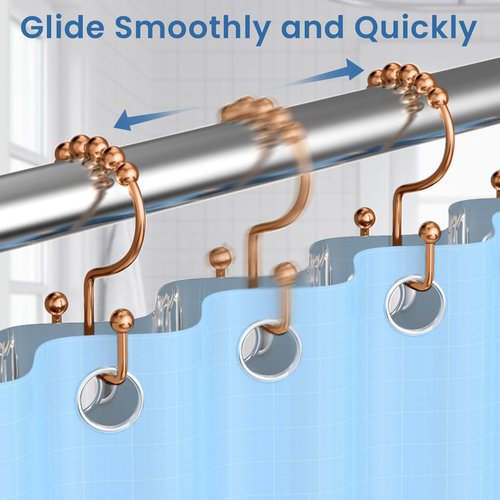 LBYOJKD Double Sided Shower Curtain Hooks with Smooth Gliding Roller Balls, Rustproof Metal Hooks for Curtain and Liner, Set of 12 for Standard and Curved Shower Rods - Rose Gold