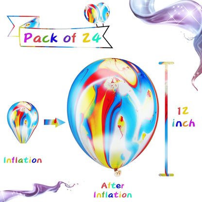 Skiennix 12-Inch Tie Dye Agate Marble Balloons - 24 Colorful Latex Balloons for Parties & Celebrations