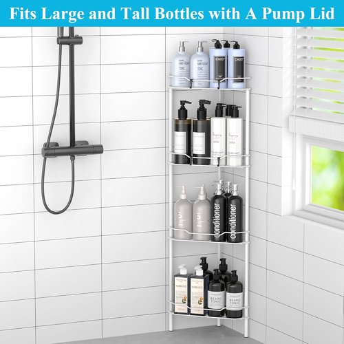 HuggieGems Corner Shower Caddy Organizer - 4 Tier Floor Standing Shelf with Hooks | White Bathroom Rack