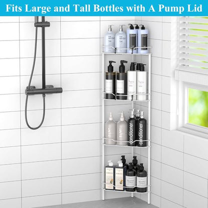 HuggieGems Corner Shower Caddy Organizer - 4 Tier Floor Standing Shelf with Hooks | White Bathroom Rack