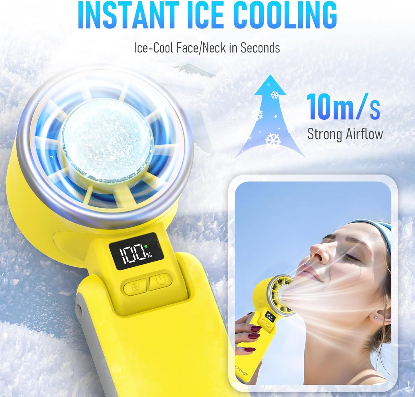 PlayHot Portable Handheld Turbo Fan - Rechargeable Ice Cooling Fan with 5 Speeds | Up to 12 Hours of Use (Yellow)