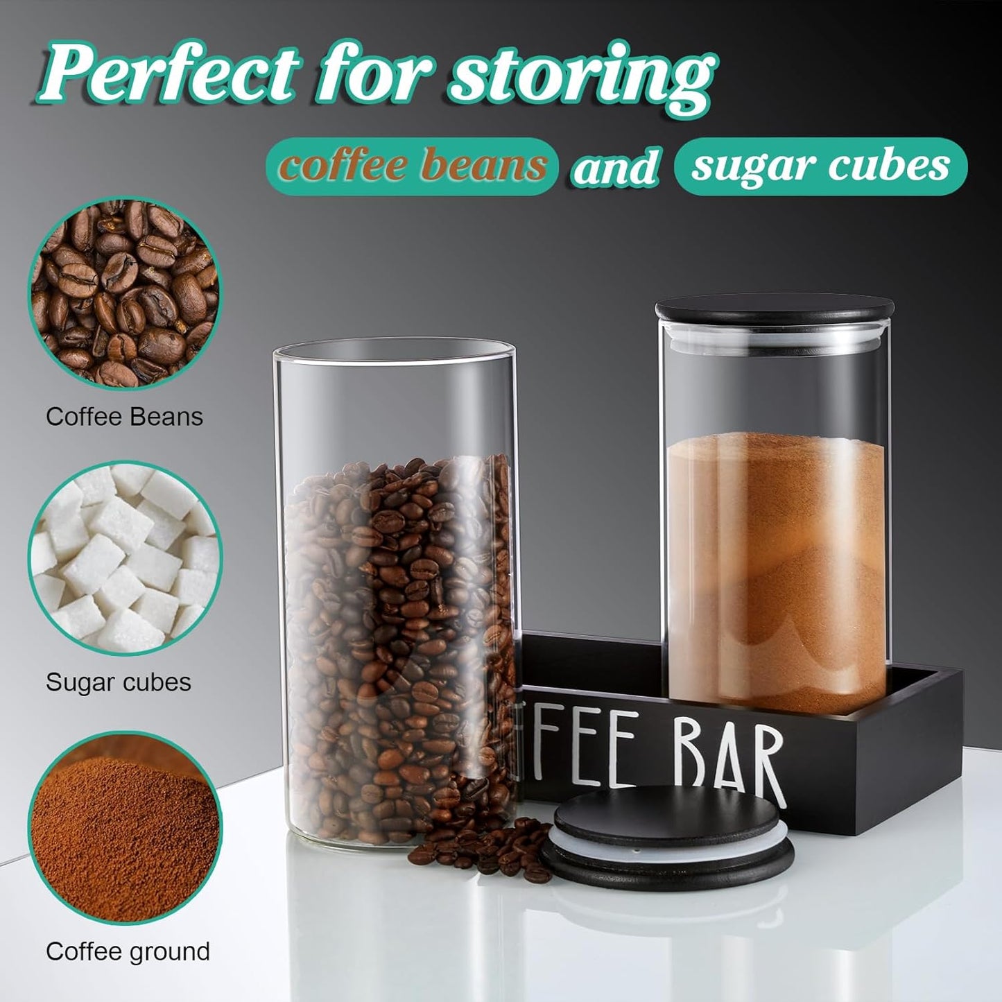 Skiennix Glass Coffee Canister Set - 2Pcs 45oz Airtight Containers with Bamboo Lids & Black Tray | Farmhouse Decor