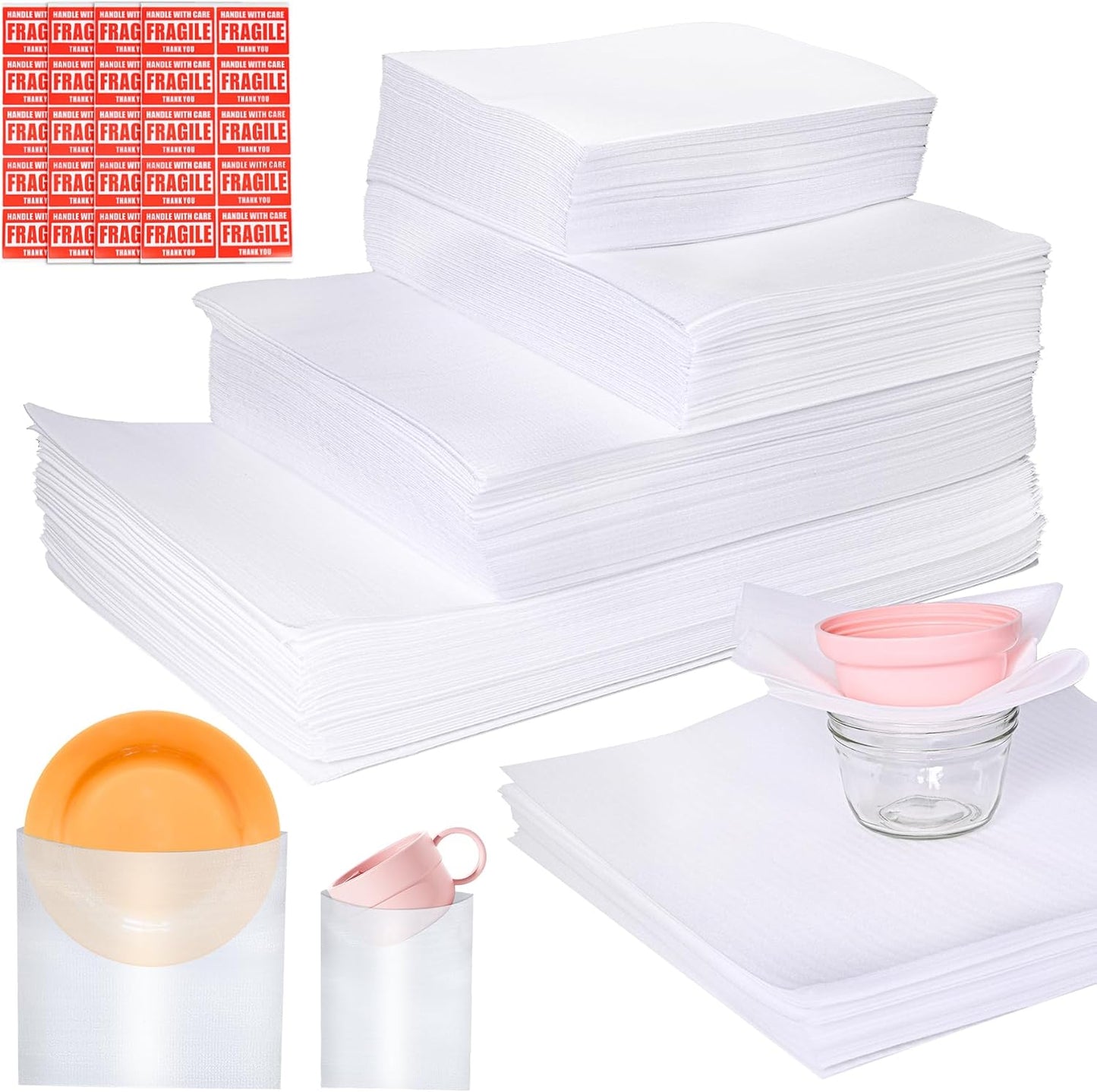Regine Switzerland 540Pcs Dish Packing Supplies - Cushion Foam Wrap Pouches & Sheets with Fragile Stickers | 4 Sizes Included