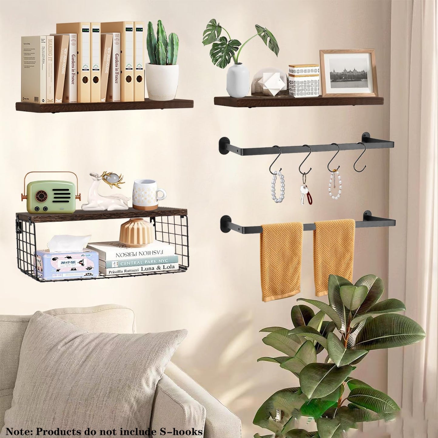 Skiennix Floating Shelves - Wall Mounted Bathroom Organizer with Storage Basket for Toilet Paper | Dark Brown, Set of 4, 16 in