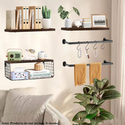 Skiennix Floating Shelves - Wall Mounted Bathroom Organizer with Storage Basket for Toilet Paper | Dark Brown, Set of 4, 16 in