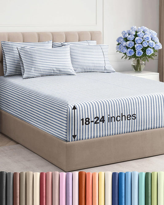 Skiennix Extra Deep King Sheet Set - 6-Piece Breathable Cooling Bedding - Soft, Wrinkle-Free Blue Stripes