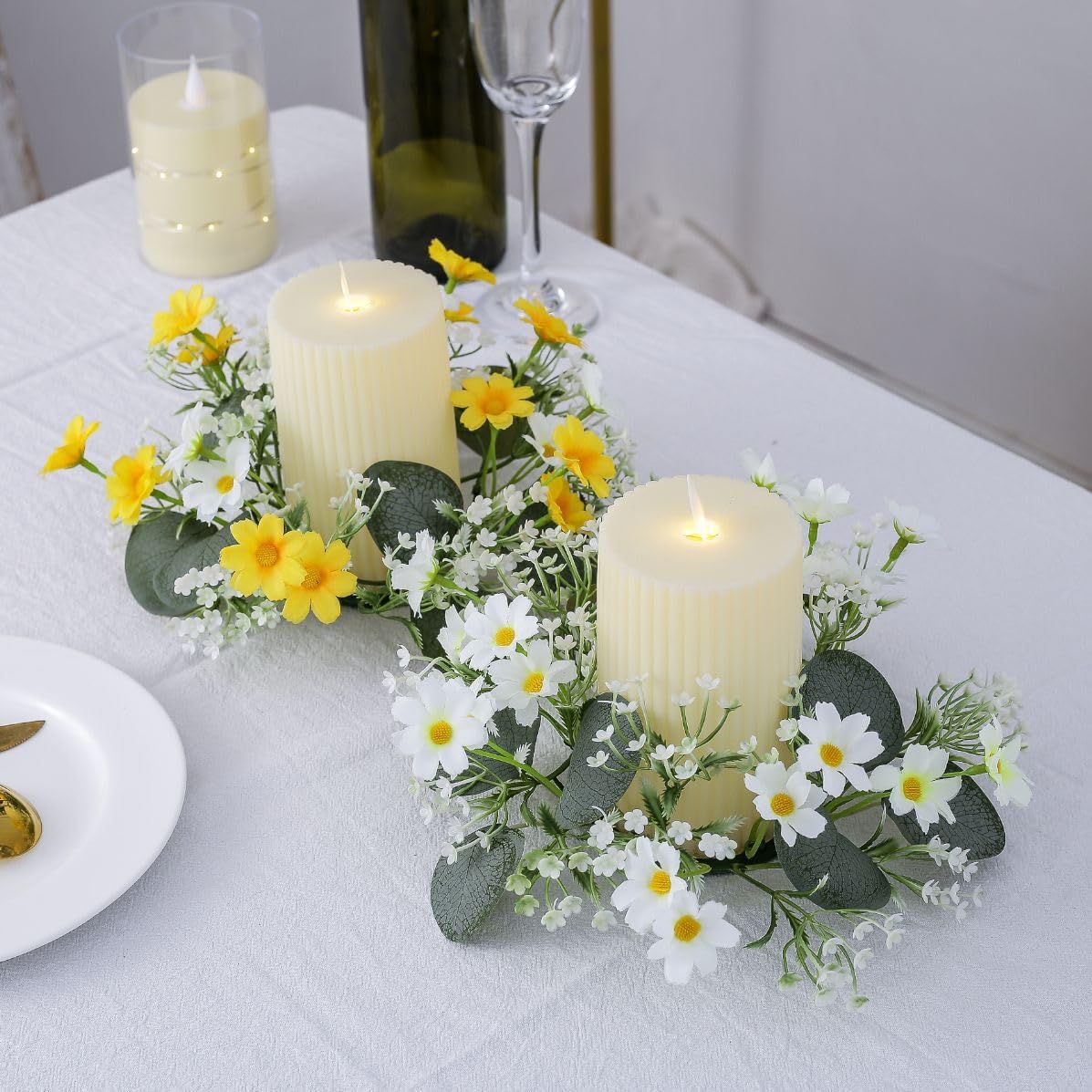 Skiennix Candle Rings - Artificial Daisy Flower Wreaths with Green Leaves | 3-Inch Diameter, White
