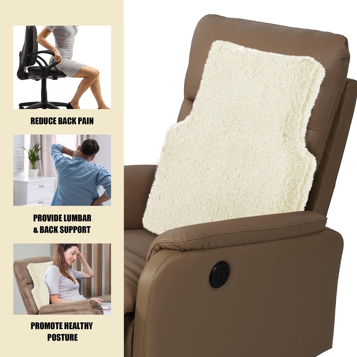 MABOZOO Sherpa Fleece Lumbar Support Pillow for Recliner Chair,Memory Foam Lumbar Pillow for Back Pain Relief,Ergonomic Back Support Pillow for Car, Couch, Recliner（Beige）