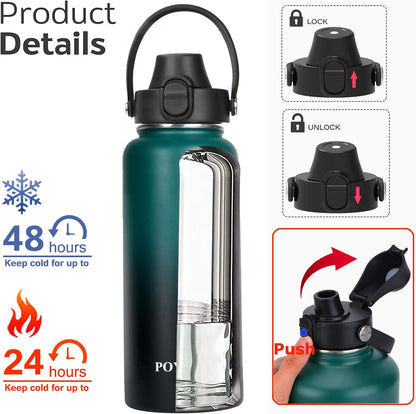 Skiennix Insulated Water Bottle - Leak Proof Stainless Steel with Straw & Spout Lids | 32oz to 128oz Sizes
