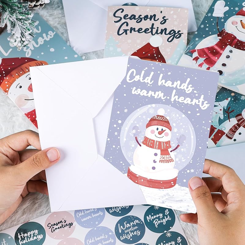 White Snowman 24-Pack Holiday Greeting Cards with Envelopes & Stickers – 6 Designs, 4x6 Inches