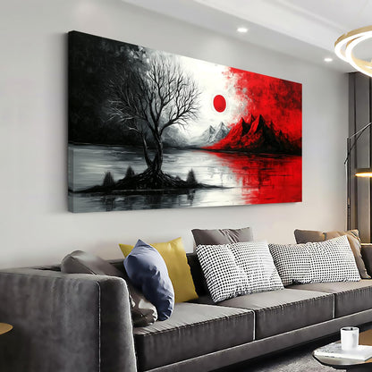 GAFSING Volcano Cloud Tree Canvas Wall Art Abstract Seascape Paintings Print Black and White Red Sun Sea Pictures Artwork Canvas Wall Art for Living Room Bedroom Home Office Decorations Wall Decor (23x46inch)