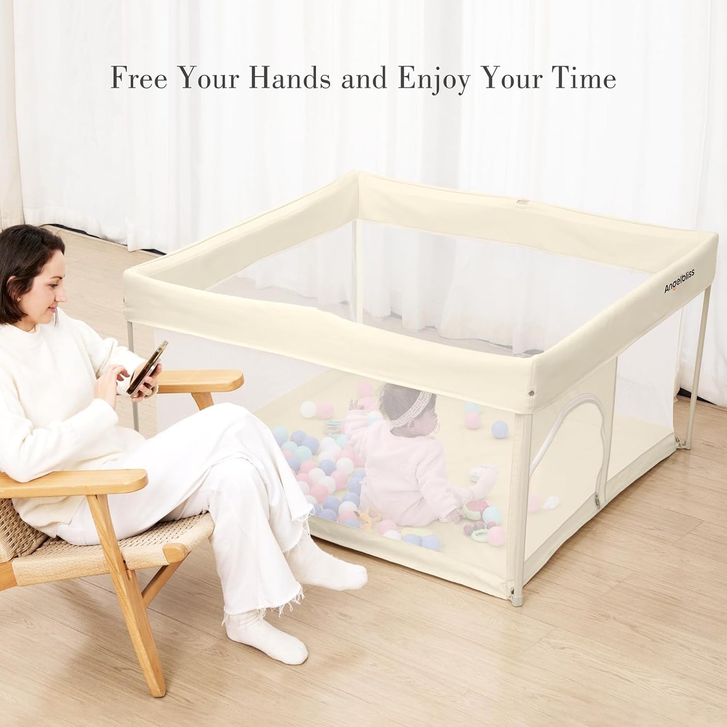 Regine Switzerland Foldable Baby Playpen - Portable 50"×50" Play Yard with Breathable Mesh & ASTM F406 Certified (Beige)