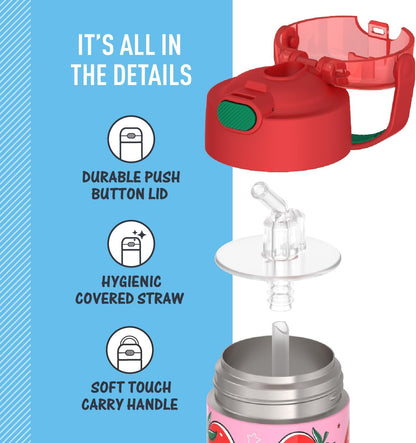THERMOS FUNTAINER Water Bottle - 12 Ounce Kids Stainless Steel Vacuum Insulated with Straw, Strawberry Smiles