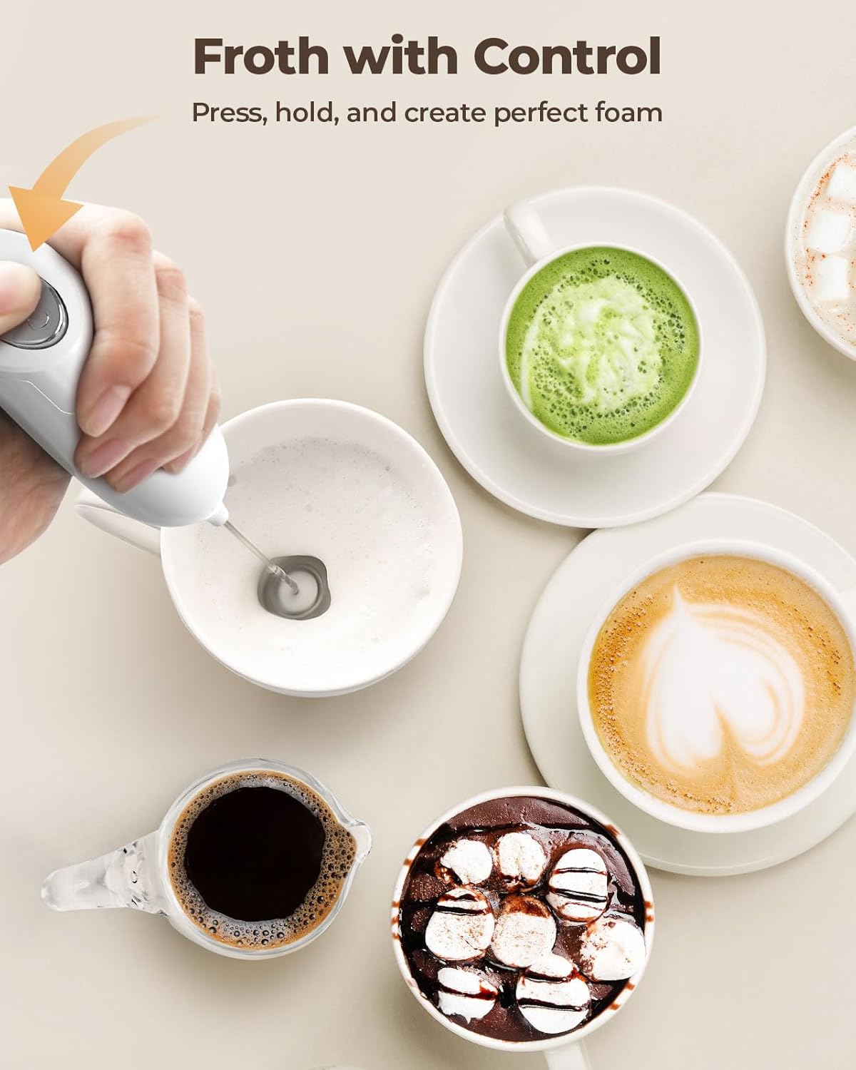 SimpleTaste Milk Frother - Handheld Electric Foam Maker for Cappuccino & Latte - Blizzard White