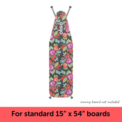 oliso Ironing Board Cover – 100% Cotton with Professional Felt Pad, Fits Standard 54" x 15" Boards – Secure Fit with Wide Elastic Edge & Adjustable Straps – Floral