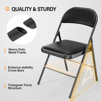 VINGLI Folding Chairs - 6 Pack with Padded Seats & Metal Frame, 350 lbs Capacity, Black